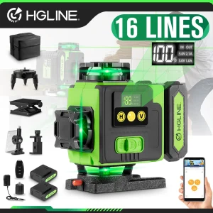 Livella laser 4D HGLINE a 16 linee con controllo remoto tramite APP, ricaricabile, autolivellante, 360° linea verde, batteria agli ioni di litio grande da 6000 mAh