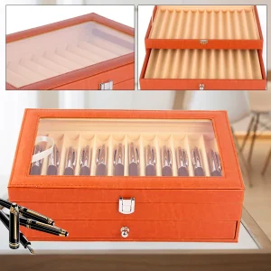 Vetrina portaoggetti in pelle 24 penna stilografica capacità cassetto in flanella scatola Organizer collettore per regalo amico di famiglia