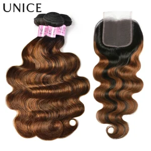 UNICE Hair Brown Balayage Evidenzia fasci di capelli umani dell’onda del corpo 2/3/4 pezzi con 1 pezzo parte libera 4×4 chiusura in pizzo