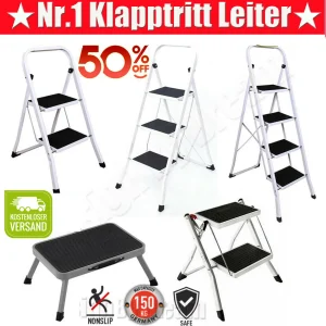 Sgabello con gradino, 1-2-3-4 gradini, scaletta leggera con corrimano, scala pieghevole con piattaforma antiscivolo, carico massimo 150 kg