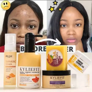 Kit per la cura della pelle alla curcuma organica, schiarisce, pulire, rimuovere l’oscurità, macchie, acne, schiarire, idratazione, esfoliare, anche il tono della pelle