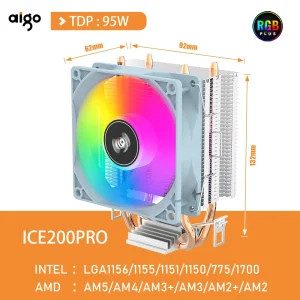 Aigo CPU Cooler 2 4 Tubi di Calore PC Radiatore di Raffreddamento 3PIN PWM Silenzioso Ventola Rgb Per Intel 1700 1150 1155 1156 1366 AM2/AM3/AM4 AMD