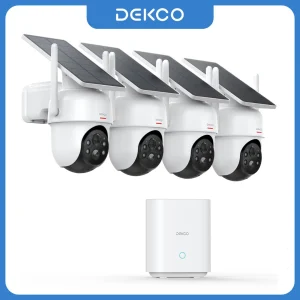 Dekco Sistema di telecamere a batteria solare da 3 MP Kit 4 telecamere wireless 360 °   Il set di telecamere Wi-Fi di sorveglianza PTZ include supporto base domestica Alex