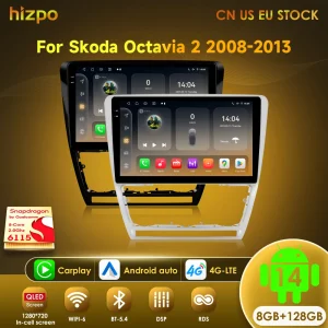 Hizpo 10.1 “4G + WiFi 2din Android 14 Autoradio Multimidia Lettore Video di Navigazione GPS Per SKODA Octavia 2 A5 2008-2013 Unità Principale