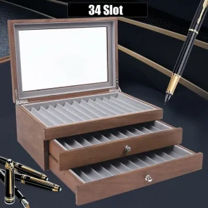 Custodia per penne Armadietto in legno di noce con 34 slot con cassetto Custodia regalo per esposizione di penne per cancelleria per studenti