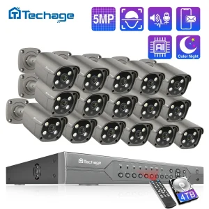 Techage 16CH 5MP POE NVR Kit Sistema di telecamere di sicurezza Audio bidirezionale H.265 IP AI Telecamera esterna P2P CCTV Video sorveglianza Set