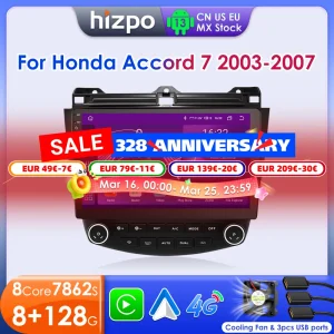 Hzipo AI Voce 10.1 “Radio Per Honda ACCORD 7 2003 2004 2005 2006 2007 2din Android Auto Carplay 4G Auto Multimedia GPS Autoradio