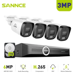 SANNCE 8CH NVR 3MP Sistema di telecamere di sicurezza 4 telecamere IP PoE 24/7 Registrazione HDD da 1/2/4 TB Rilevamento intelligente Videoregistratore H.265