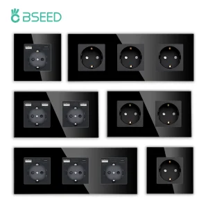 BSEED Presa singola in vetro UE con prese a muro USB Doppie prese elettriche Prese di corrente triple Porte USB Type-C Nero 16A