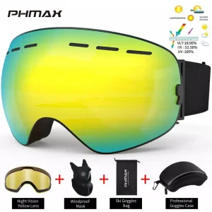 PHMAX Occhiali da sci Doppi strati Lenti Occhiali da sci UV400 Proteggi Anti-Fog Occhiali da snowboard Sport all’aria aperta Occhiali da sci Uomo Donna