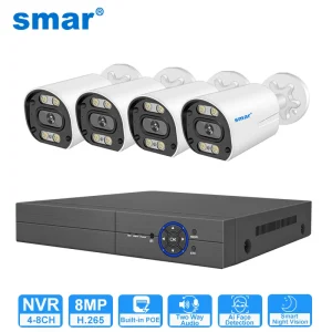 Sistema di Telecamere di Sicurezza POE 8MP 5MP 4MP, Kit NVR 4CH con Rilevamento Facciale AI, Registrazione Audio, Visione Notturna a Colori, Telecamere Esterne H265
