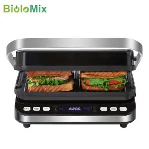 Piastra digitale per grill a contatto elettrico BioloMix da 2000 W e pressa per panini, piastre per waffle opzionali, apri barbecue da 180 gradi