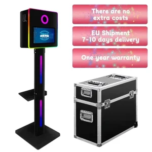 Cabine fotografiche portatili da 15,6 pollici, inclusa una fotocamera DSLR, una struttura rotonda, una custodia portatile, una stampante e una cabina fotografica.