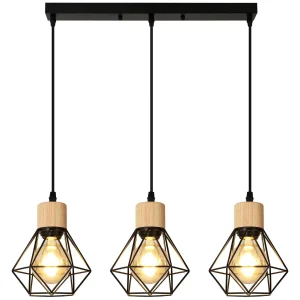 Lampada a sospensione a gabbia metallica da soffitto rettangolare a 3 vie con cluster industriale vintage con lampada a cavo sospeso per corridoio