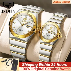 JSDUN Coppia automatica Orologi Movimento giapponese Specchio zaffiro 100M Impermeabile Orologio di lusso con diamanti in oro Orologio da amante Set regalo