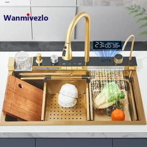 Lavello da cucina dorato a doppia cascata lavello da cucina in acciaio inossidabile goffrato grande lavabo a fessura singola per la cucina