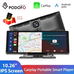 Podofo 10.26 ”Monitor specchio per Auto lettore Video HD Carplay Android Auto DVR cruscotto navigazione GPS telecamera per la retromarcia AI Voice
