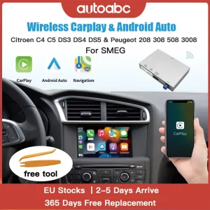 Modulo AUTOABC Wireless Carplay e Android Auto per Peugeot 208 308 508 3008 C4 DS3 DS4 DS5 Sistema SMEG Airplay Mirror Link Supporto multimediale Telecamere OEM e telecamere aftermarket