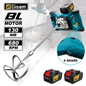 Miscelatore elettrico per cemento, malta e intonaco Gisam a 6 velocità, senza fili, compatibile con batterie Makita 18V.