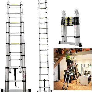 Scala Scala telescopica con telaio A Scala di estensione telescopica in alluminio da 3,8 m multiuso con barra stabilizzatrice per la casa, EN131