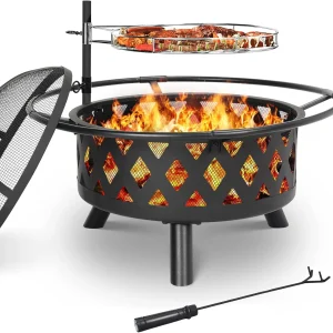 Ciotola per braciere multifunzionale con protezione per scintille e griglia per griglia, braciere da giardino regolabile in altezza per riscaldare barbecue all’aperto