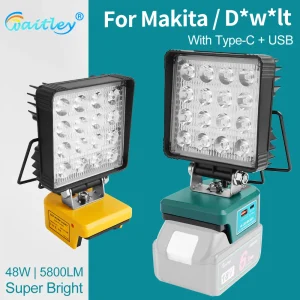 Lampada da lavoro a LED Waitley per Makita / Dewalt 18V Batteria portatile per esterni Proiettore Lampada da campeggio BL1830 / DCB200 Spina esterna