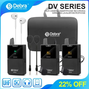 Microfono Lavalier wireless Debra Audio DV UHF con monitor audio, portata 50M, per telefoni, fotocamere DSLR, registrazione live, interviste
