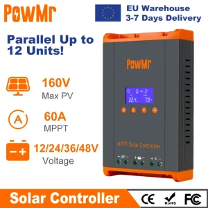 PowMr MPPT 60A Regolatore di carica solare Pannelli solari Regolatore 12V 24V 36V 48V Parallelo fino a 12 unità per batteria al litio al piombo