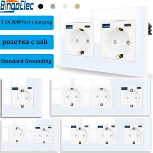 Bingoelec Presa di corrente a muro standard UE 3.1A Porta di ricarica USB Prese elettriche e interruttori della luce touch per il miglioramento domestico