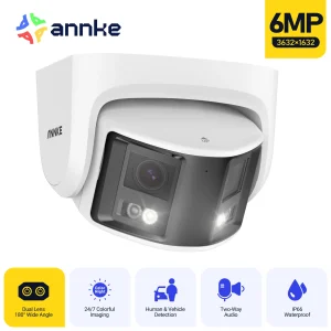 ANNKE Casa Intelligente 180 °   Telecamera POE video esterna con visione ampia a doppia lente DUO POE da 8 MP/6 MP, rilevamento umano AI 4K, telecamera CCTV di sicurezza da 8 MP