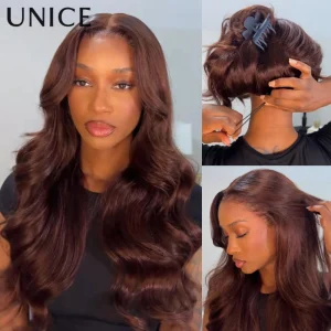 UNice Auburn Brown13x4 Pre-tutto ™   Parrucca frontale in pizzo a onde sciolte con coulisse invisibile e strati di incorniciatura del viso Densità del 150%.