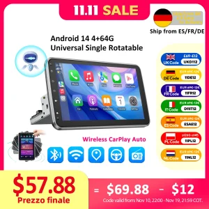Android 14 10.1 pollici universale singolo girevole autoradio Auto Carplay lettore multimediale GPS Navi stereo automobilistico Bluetooth