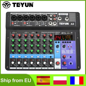 TEYUN Console di missaggio audio a 8 canali 24 effetti 48V Mixer audio compatibile Bluetooth USB PC Tavolo da gioco Chitarra Studio di registrazione A8