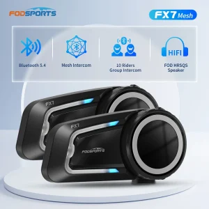 2 pezzi Fodsports FX7 interfono per casco moto mesh auricolare per casco Bluetooth interfono BT5.4, 10 ciclisti 2000M, radio FM