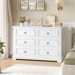 Comò bianco con 6 cassetti, cassettiera larga 120 cm con credenza in venature del legno Comodo armadio per camera da letto soggiorno Sch