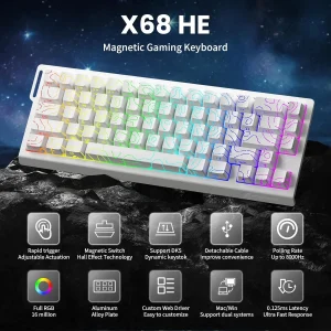 ATTACK SHARK X68 HE Tastiera a grilletto rapido Interruttore magnetico 60% cablata 8KHz Tastiera sostituibile a caldo con illuminazione RGB PBT Doppio sh