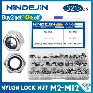NINDEJIN 321pcs dado di bloccaggio in Nylon 304 acciaio inossidabile M2 M2.5 M3 M4 M5 M6 M8 M10 M12 esagonale esagonale Kit assortimento di dadi autobloccanti