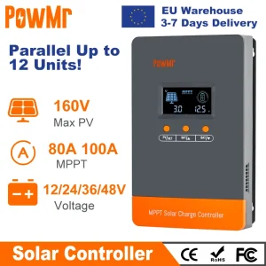 PowMr MPPT 100A 80A Regolatore di carica solare Pannelli solari Regolatore 12V 24V 36V 48V Parallelo fino a 12 unità per batteria al litio al piombo