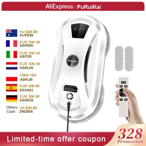 Robot Aspirapolvere Ultra Sottile PuRuiKai per Pulizia Finestre, Robot Elettrico per Vetri con Telecomando per Casa