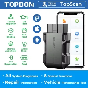 TOPDON TopScan Lite Scanner Strumento diagnostico intelligente Guida di riparazione DTC Lettore di codici Bluetooth OBD2 Test attivo del sistema completo