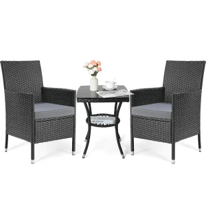 3 pezzi in vimini rattan patio mobili da esterno divano da conversazione set da bistrot set di divani imbottiti da giardino, tavolino + 2 sedie