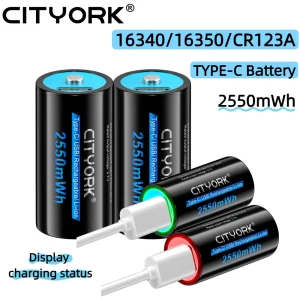 CITYORK CR123A Batteria 2550mWh 3.7V Ricaricabile Li-Ion 16340 Batterie 16350 RCR123 Batteria Per Torcia Elettrica A LED + Cavo USB Tipo-c