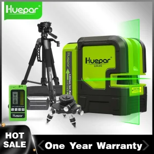 Huepar Kit livello laser a 2 linee Diodo Osram Raggio verde Batteria agli ioni di litio a linee incrociate autolivellante con modalità impulso Treppiede Strumenti laser
