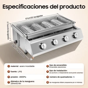 Griglia a gas senza fumo a 4 fuochi, antiscivolo, barbecue in acciaio inossidabile da 22 pollici con altezza regolabile e vassoio olio rimovibile per cucinare all’aperto