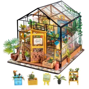Robotime Mini Green House Cathy’s Flower House, Kit Fai-da-Te per Casa delle Bambole in Miniatura con LED, Miglior Regalo di Compleanno