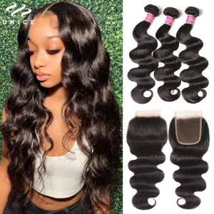 UNICE Hair Body Wave Bundles con chiusura in pizzo HD 5 x5 fasci di capelli umani con chiusura in pizzo 4×4 fascio di tessuto per capelli umani da 8-30 pollici