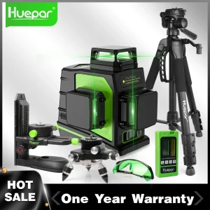 Huepar Kit livello laser a linee incrociate 3D a 12 linee Osram raggio verde autolivellante 360 °   Verticale Orizzontale Con Treppiede Ricevitore Laser