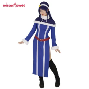 Costume cosplay Juvia da donna, abito, mantello, cappello, cintura per donna, abito blu di Halloween