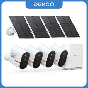 Dekco Sistema di telecamere solari wireless da 5 MP Kit da 4 telecamere WiFi esterno Set di telecamere di sicurezza solari Visione notturna a colori Conversazione bidirezionale