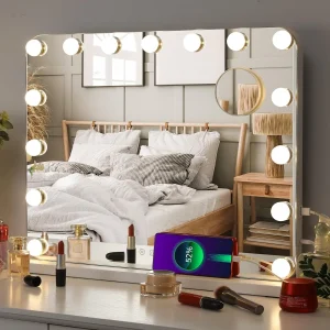 Specchio cosmetico Hollywood con luci illuminate con 15 lampadine LED dimmerabili Illuminazione a 3 colori, porta di ricarica USB con luminosità regolabile
